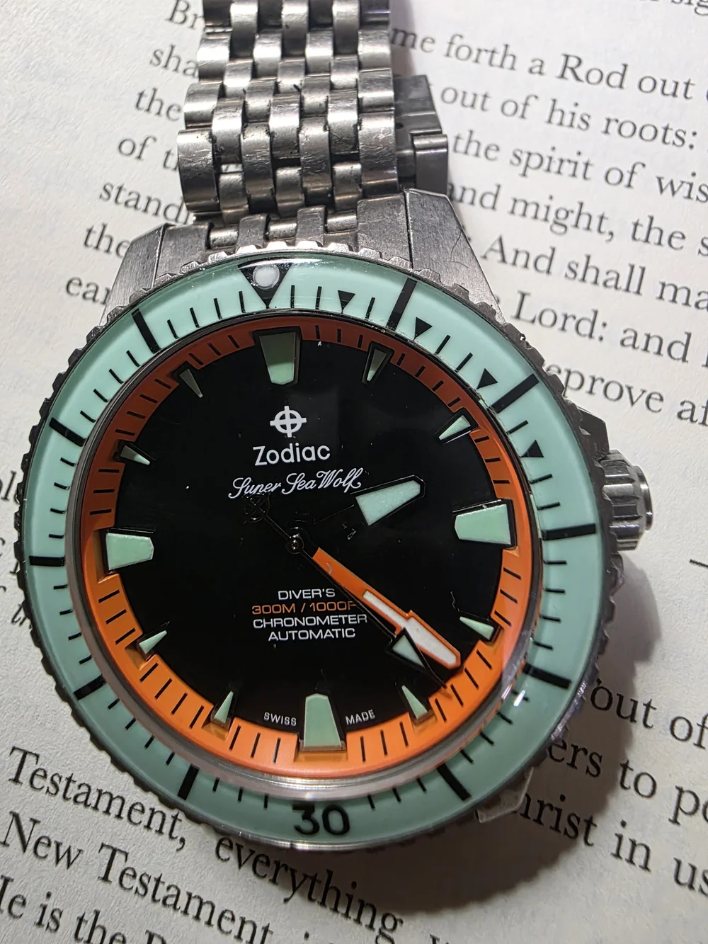 Zodiac Super Sea Wolf Diver Watch Mint Bezel & Orange Dial Ring